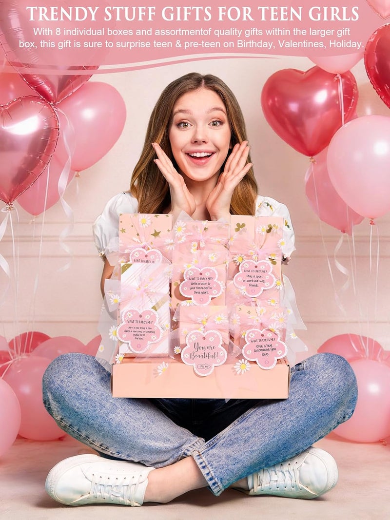 Qinline Valentines Day Gifts for Tween & Teen Girls - 8 PCS Birthday Gift Basket Teenage Girl Gifts Trendy Stuff w/ Fun Task Tags Makeup Brushes & Bag, Empower Positive Wrapped Gift Box for Daughter Niece - Image 2